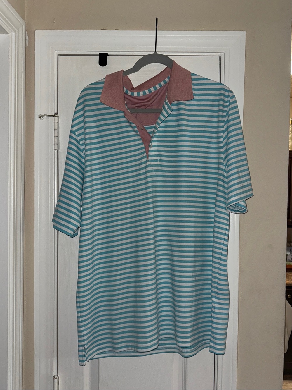Men's Striped Polo Shirt in Teal and White with Contrast Collar